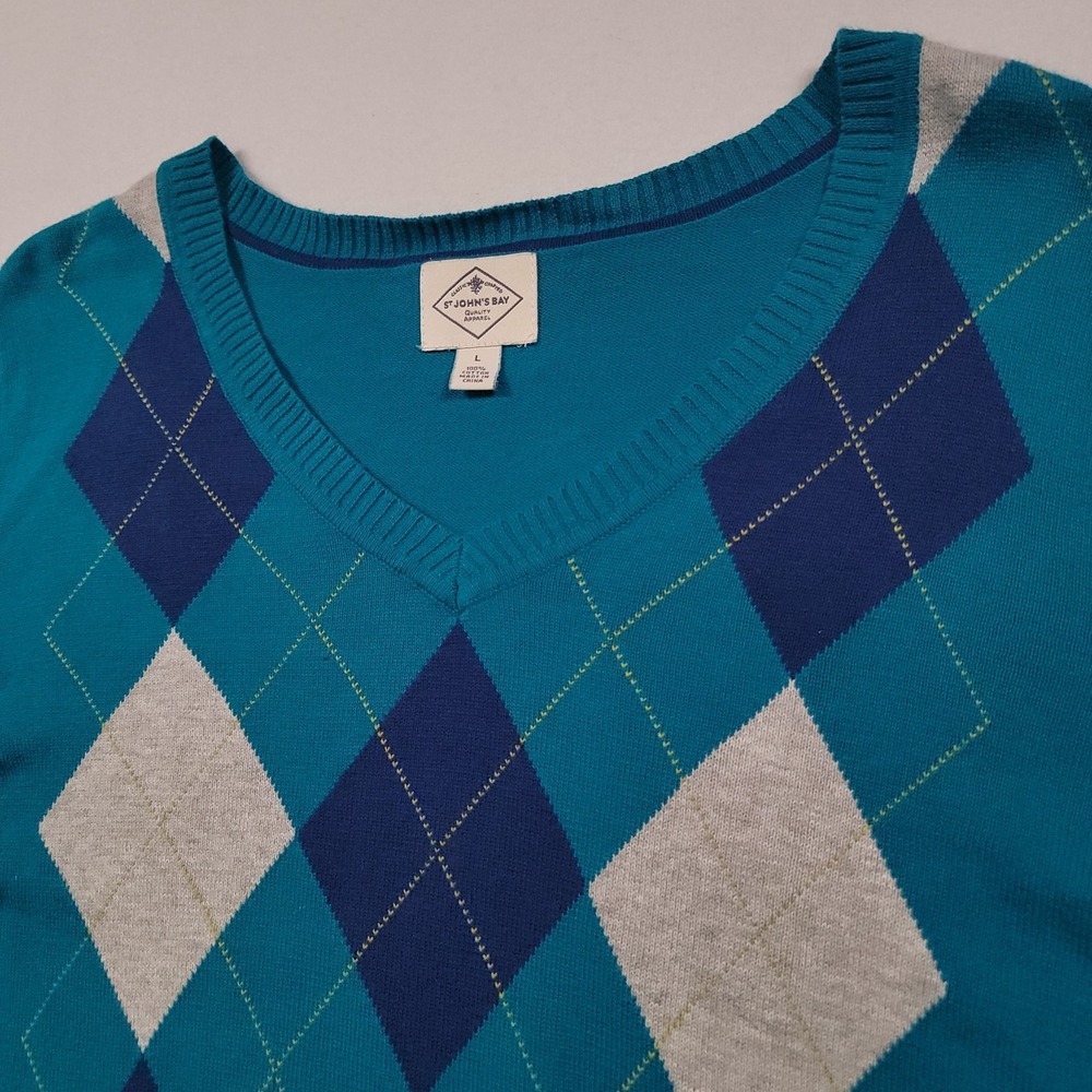 St. John's Bay Women's Argyle Sweater Large Blue V-Neck Cotton Pullover